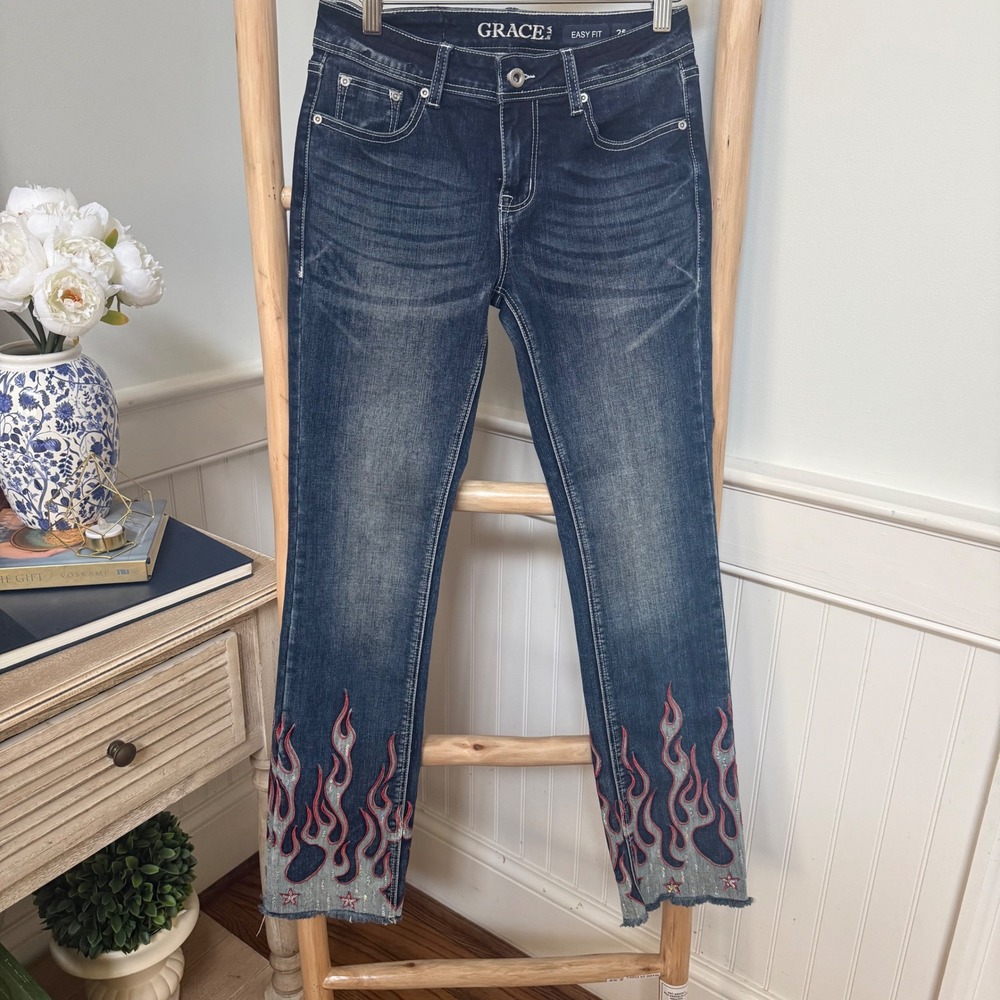 Grace in‎ LA Easy Fit Jeans Dark Wash Flame Sequin Star Embroidered Size 25